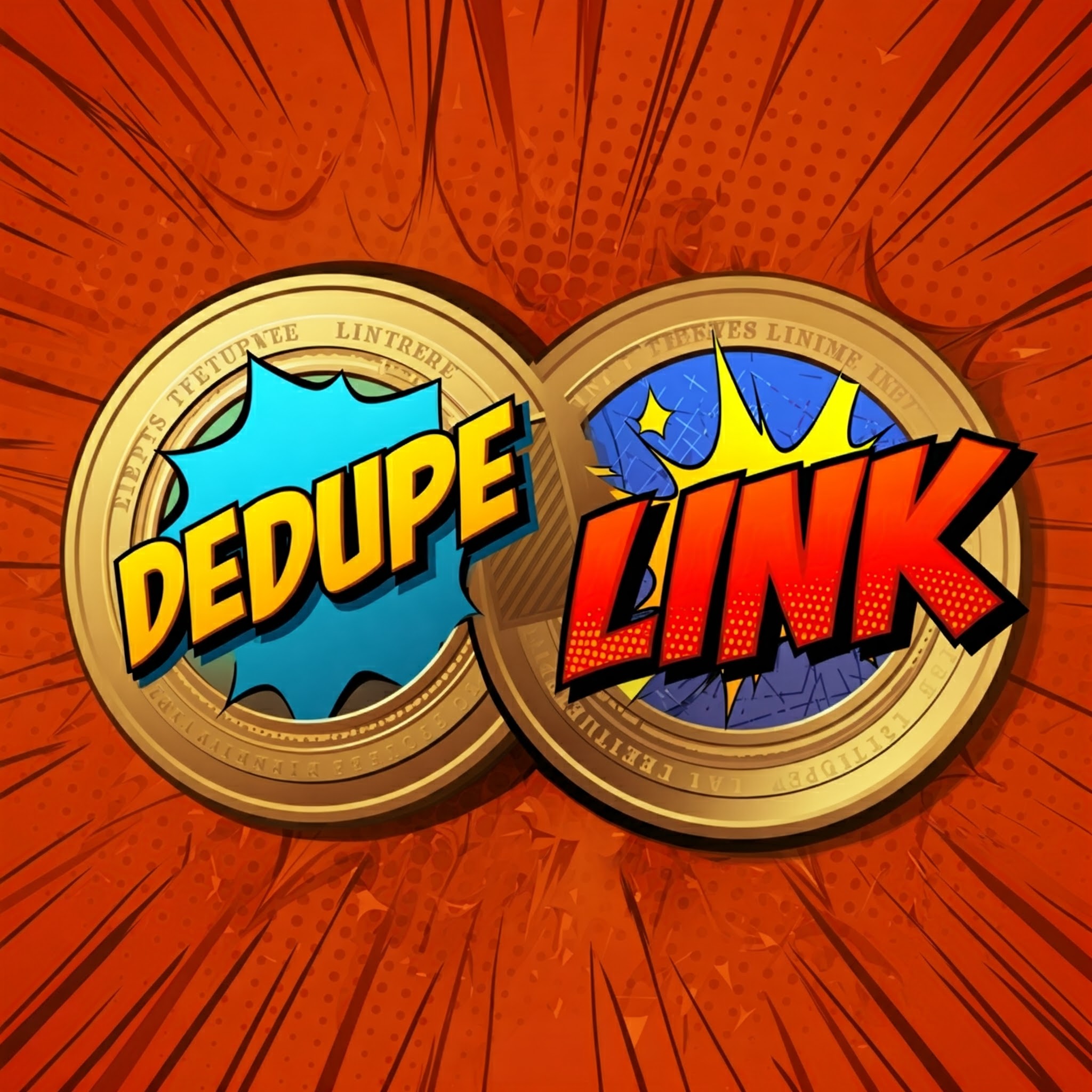Two coins with words "Dedupe" and "link".