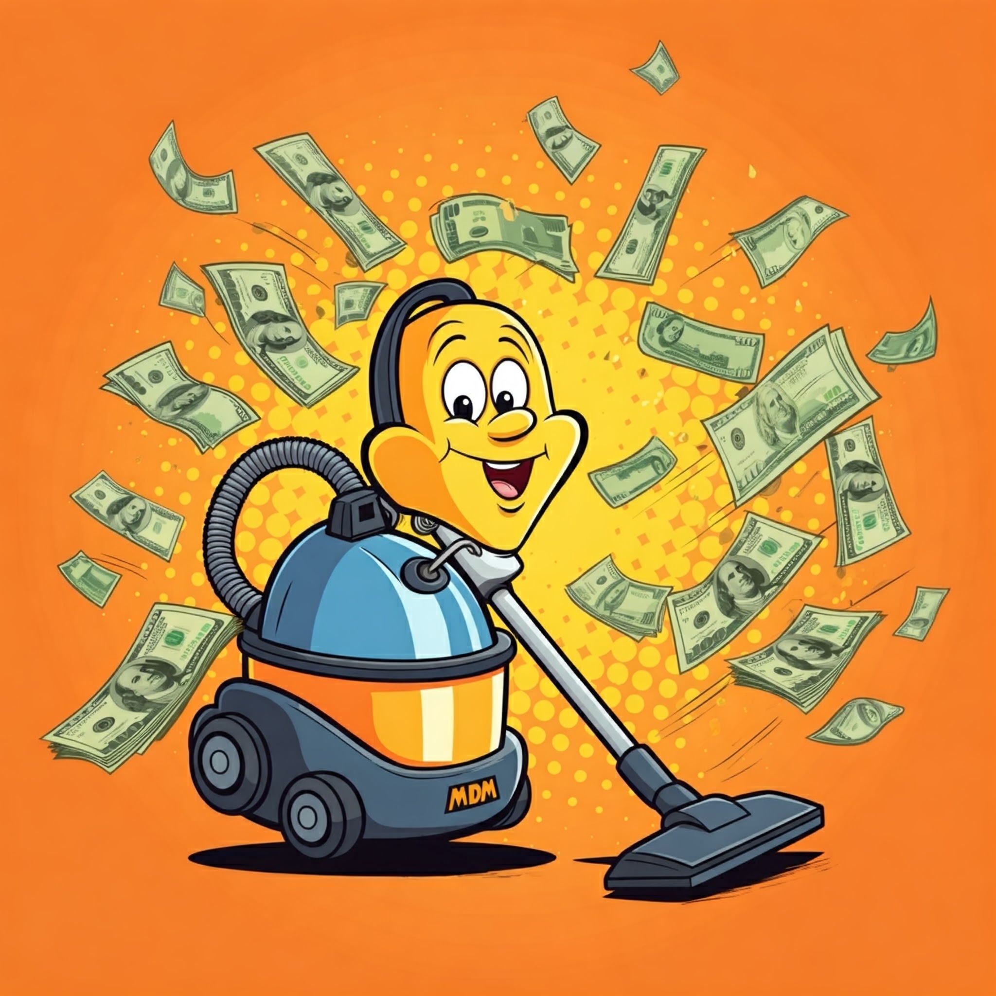 A vacuum cleaner with the letters "MDM" trying to suck money.